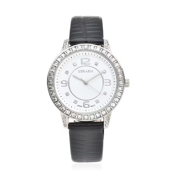 Strada Accessories - Women's White Austrian Crystal Watch with Black Strap